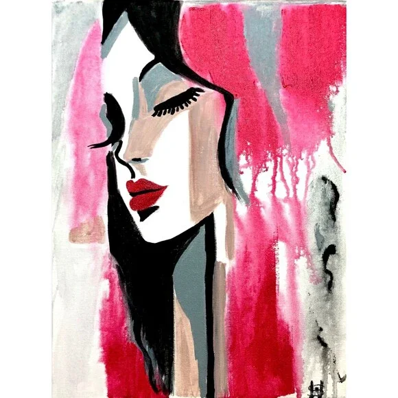 WS original eyelash woman painting 14X11 canvas expressionism modern wall art - Picture 2 of 5